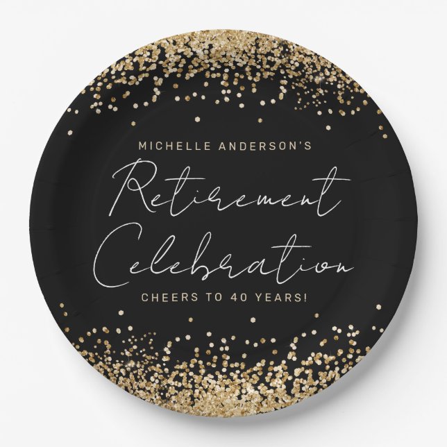Black and Gold Glitter Retirement Paper Plates (Front)