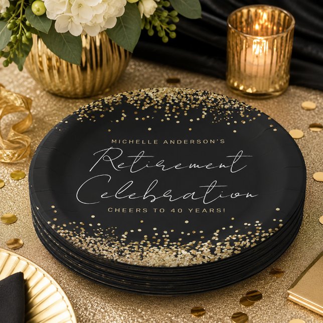 Black and Gold Glitter Retirement Paper Plates (Creator Uploaded)