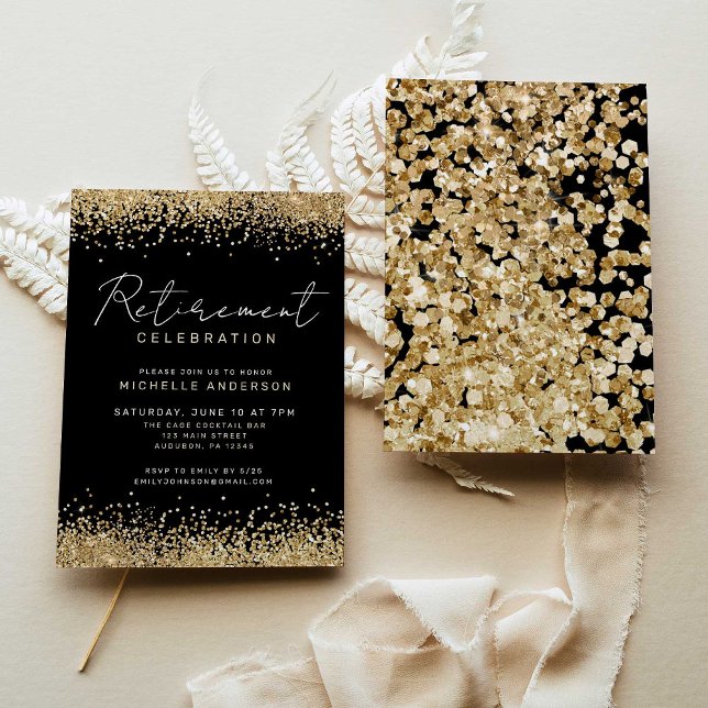 Black and Gold Glitter Retirement Party Invitation (Creator Uploaded)