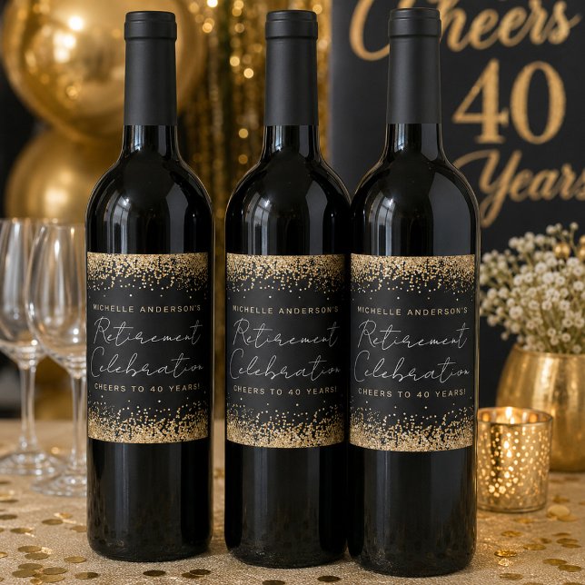 Black and Gold Glitter Retirement Wine Labels (Creator Uploaded)
