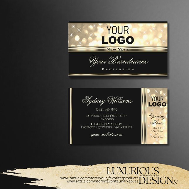 Black and Gold Glitter Sparkle Stars add Logo Business Card (Creator Uploaded)