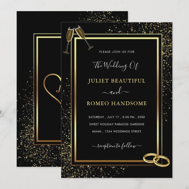 Black and Gold Glitter Sparkle Wedding Invitation (Front/Back)