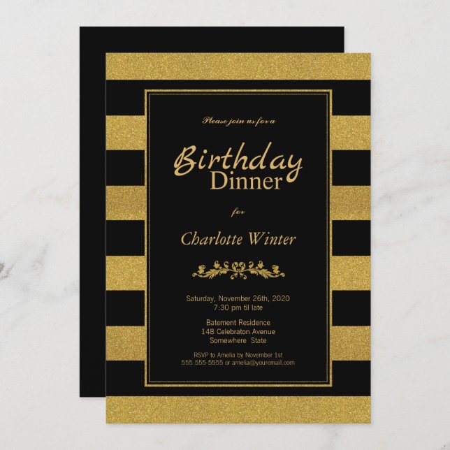 Black and Gold Glitter Striped Birthday Dinner Invitation (Front/Back)