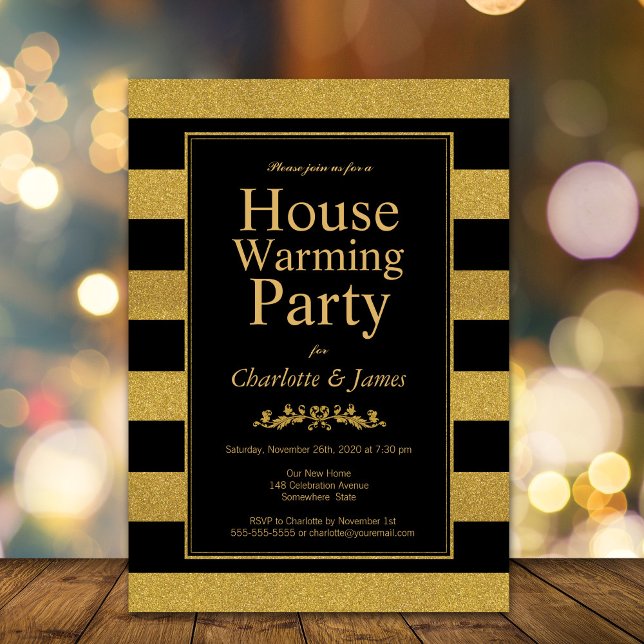 Black and Gold Glitter Striped Housewarming Party Invitation (Creator Uploaded)