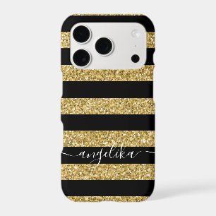 Black and Gold Glitter Stripes Script Custom Name