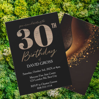 Black and Gold Glitter Swirl 30th Birthday  Invitation