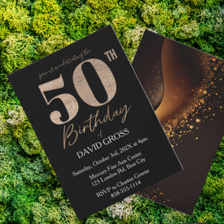 Black and Gold Glitter Swirl 50th Birthday Invitation
