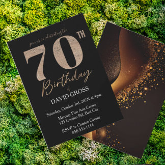 Black and Gold Glitter Swirl 70th Birthday  Invitation