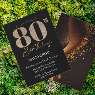 Black and Gold Glitter Swirl 80th Birthday  Invitation