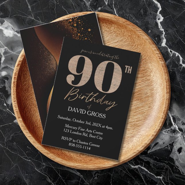 Black and Gold Glitter Swirl 90th Birthday  Invitation (Creator Uploaded)
