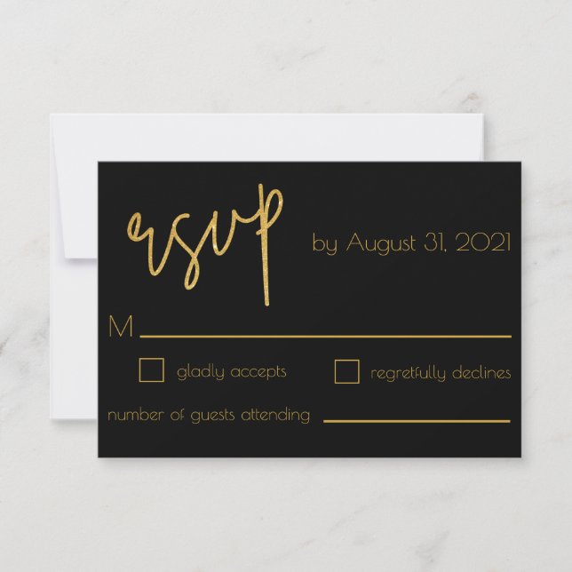 Black and Gold Glitter Wedding Art Deco RSVP Card (Front)