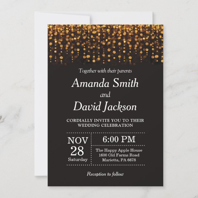 Black and Gold Glitter Wedding Invitation (Front)