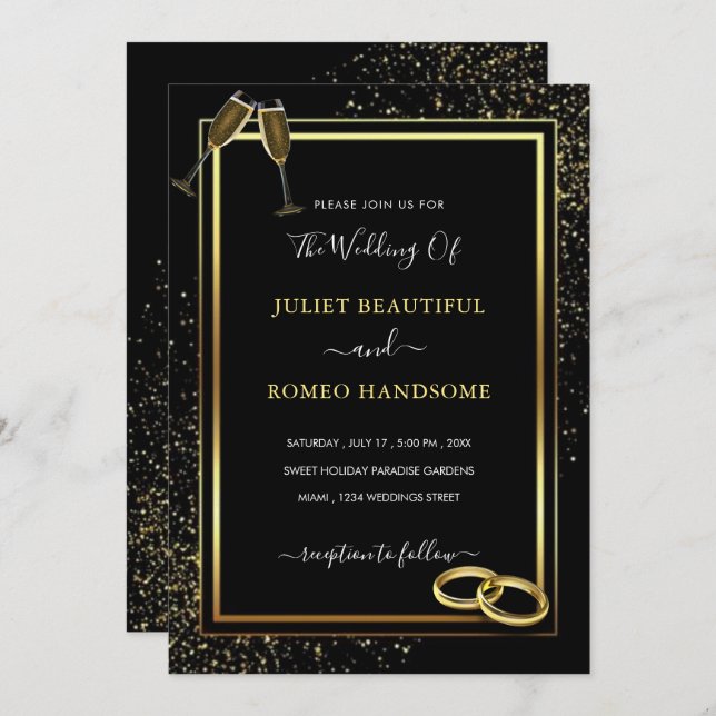 Black and Gold Glitter Wedding Invitation Card (Front/Back)
