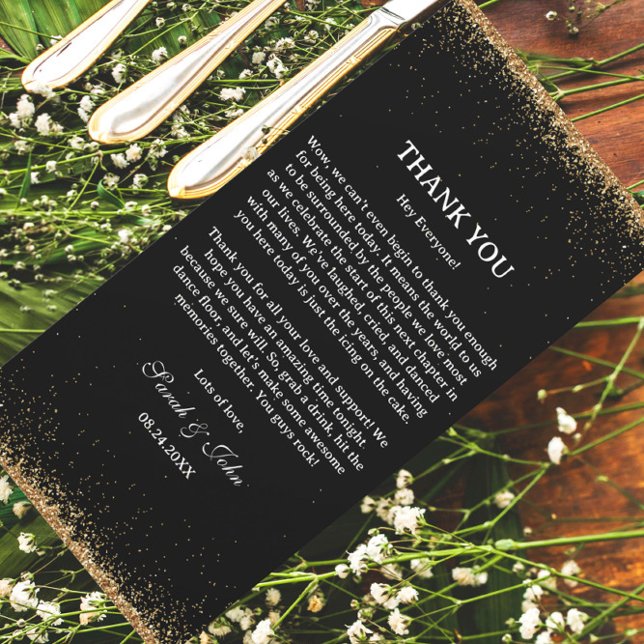 Black and Gold Glitter Wedding Reception Tables Thank You Card (Creator Uploaded)