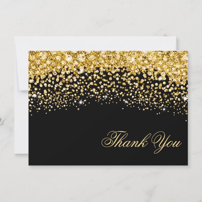 Black and Gold Glitter Wedding Thank You Card (Front)