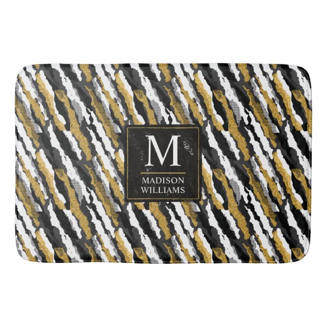 Black and Gold Glitter White Animal Zebra Pattern Bath Mat (Front)