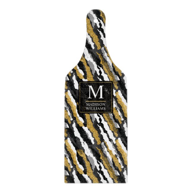 Black and Gold Glitter White Animal Zebra Pattern Cutting Board (Front)