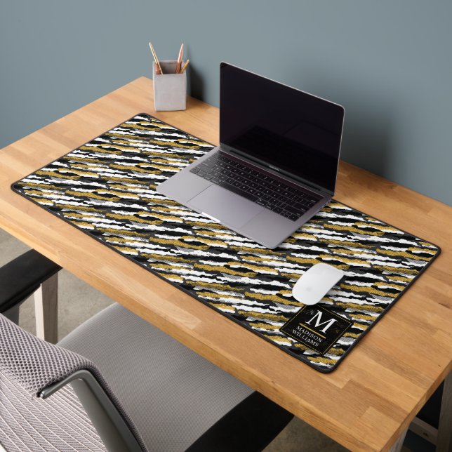 Black and Gold Glitter White Animal Zebra Pattern Desk Mat (Office 2)
