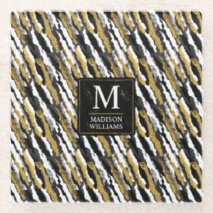 Black and Gold Glitter White Animal Zebra Pattern Glass Coaster