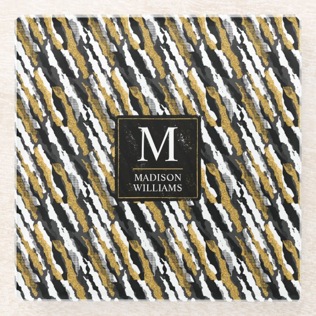 Black and Gold Glitter White Animal Zebra Pattern Glass Coaster (Front)