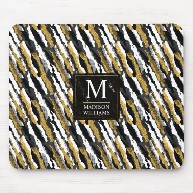 Black and Gold Glitter White Animal Zebra Pattern Mouse Pad (Front)
