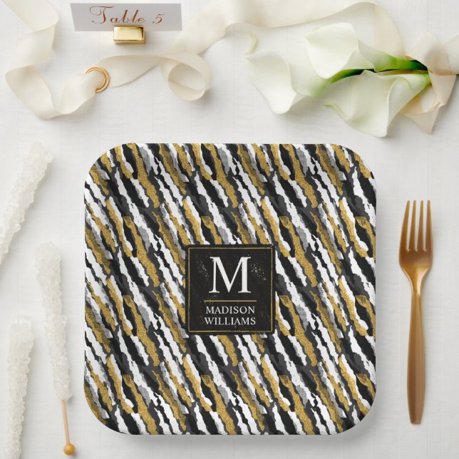 Black and Gold Glitter White Animal Zebra Pattern Paper Plate (Wedding)
