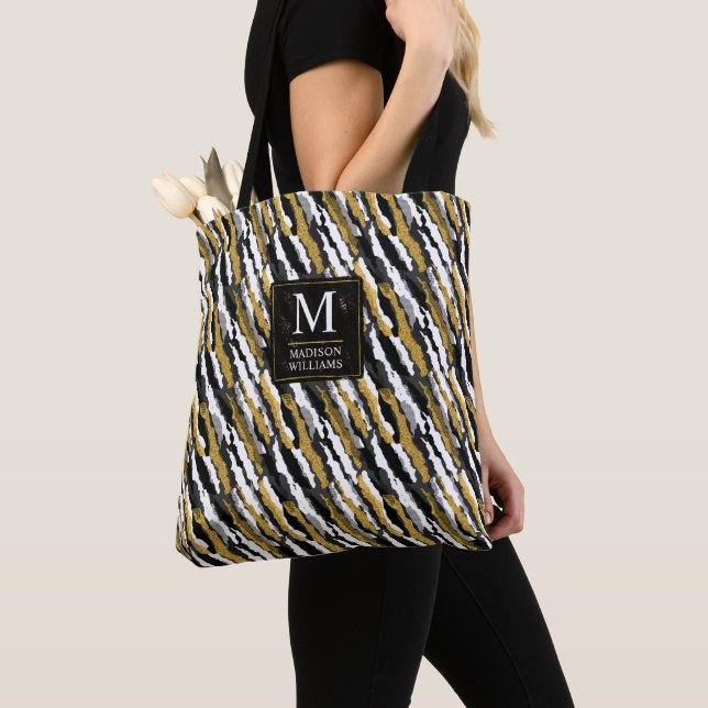 Black and Gold Glitter White Animal Zebra Pattern Tote Bag (Close Up)
