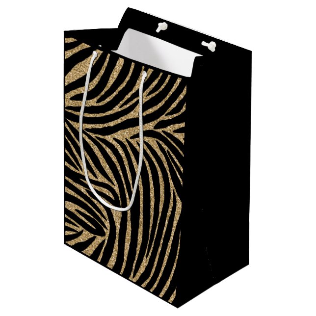 Black and Gold Glitter Zebra Print Medium Gift Bag (Front Angled)
