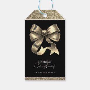 Black and Gold Glittered Bow Christmas Gift Tags