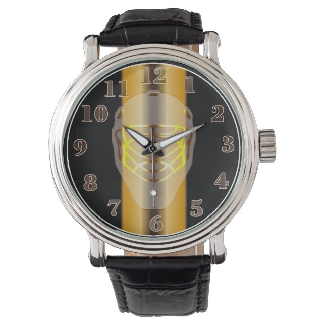 Black and Gold Goalie Mask Hockey Wrist Watch (Front)