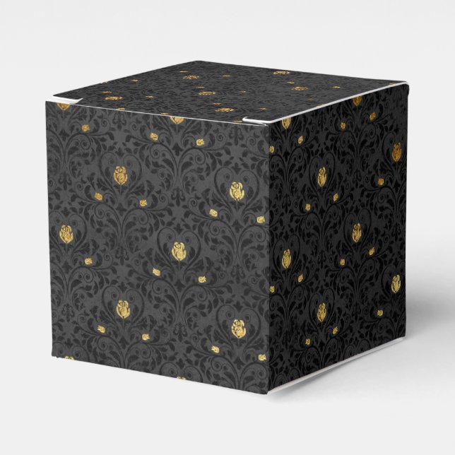 Black and Gold Gold Floral Grunge Damask Favour Box (Front Side)