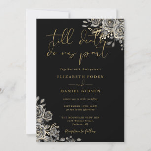 Black And Gold Gothic Floral QR Code Wedding Invitation