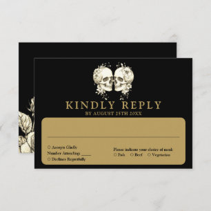 Black And Gold Gothic Floral Skulls Wedding RSVP Card