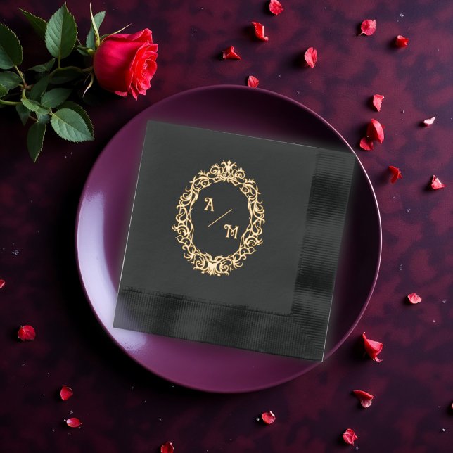 Black and Gold Gothic Monogram Foil Napkins (Creator Uploaded)