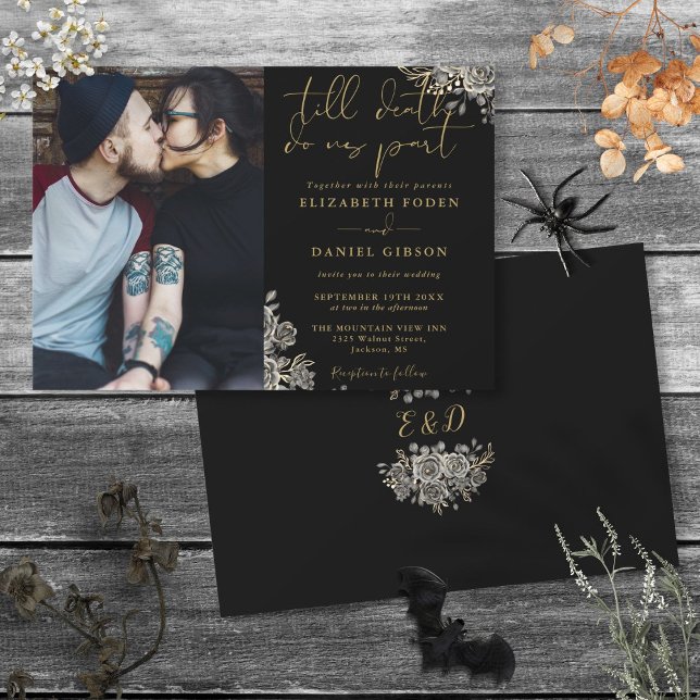Black And Gold Gothic Roses Floral Photo Wedding Invitation (Black And Gold Gothic Roses Floral Photo Wedding Invitation)