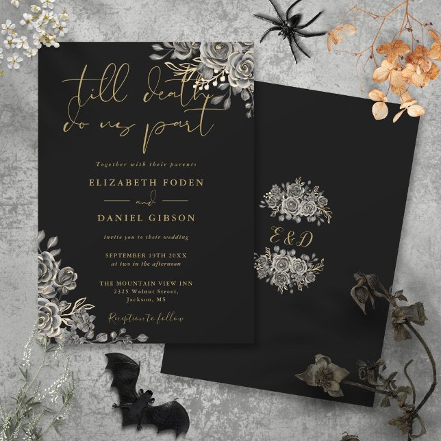 Black And Gold Gothic Roses Floral Wedding Invitation (Black And Gold Gothic Roses Floral Wedding Invitation)