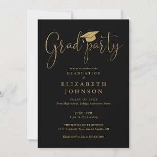 Black And Gold Grad Party Script Graduation  Invitation