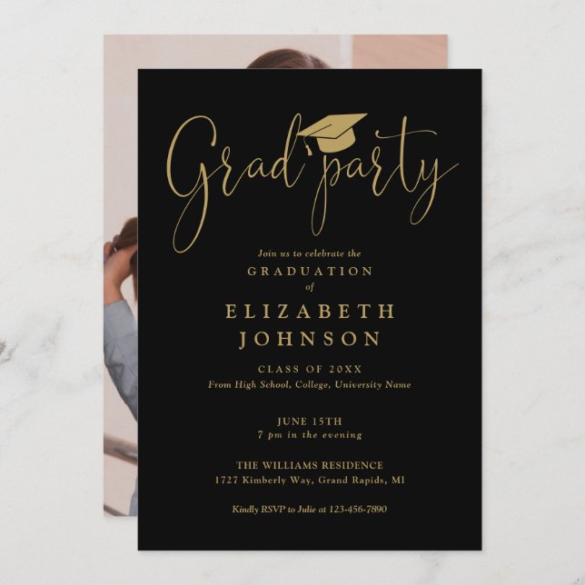 Black And Gold Grad Party Script Photo Graduation  Invitation (Front/Back)