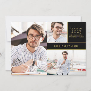 Black And Gold Graduate 3 Photo Graduation Party Invitation