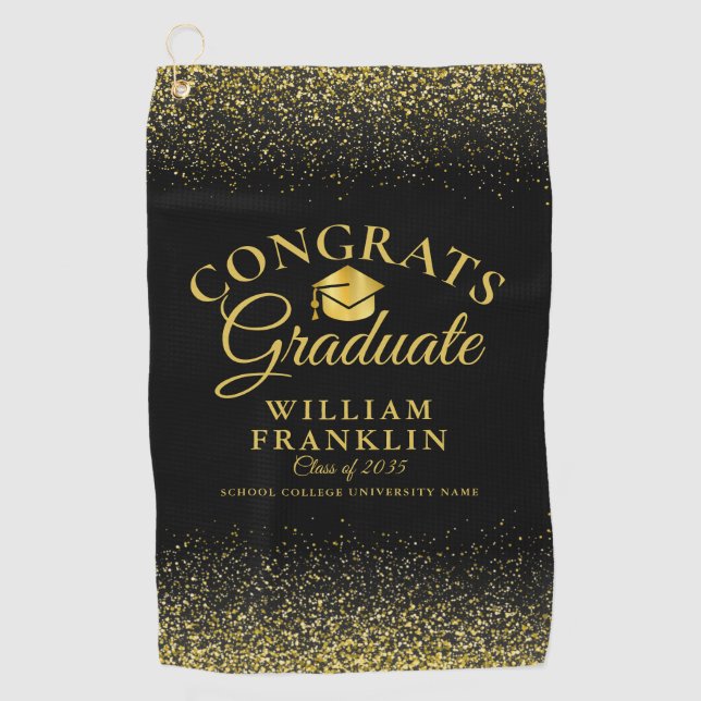 Black And Gold Graduate Modern Graduation Golf Towel (Front)