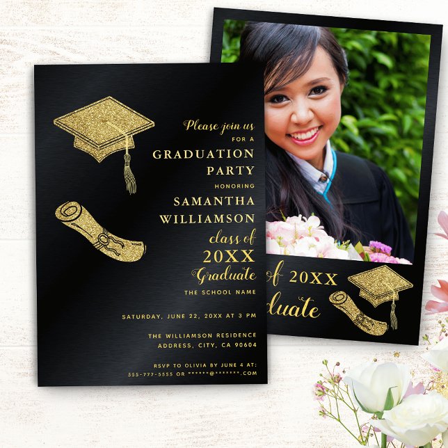 Black and Gold Graduate Photo Graduation Party Invitation (Creator Uploaded)