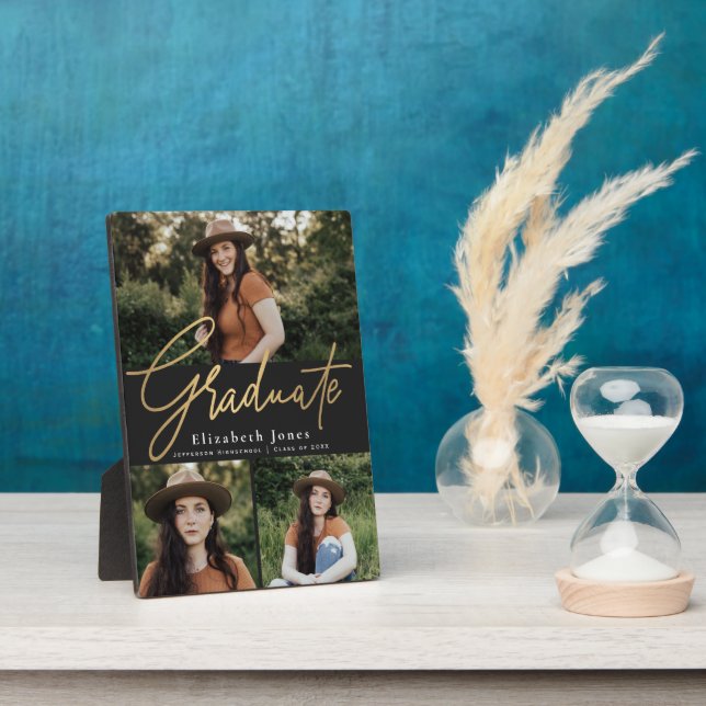 Black and Gold Graduate Script Graduation Photo Plaque (Side)