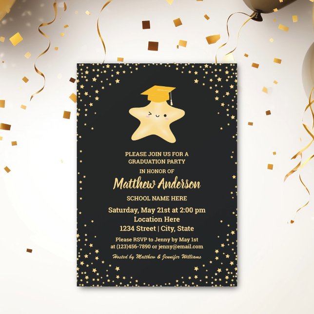 Black and Gold Graduate Super Star Graduation Invitation (Creator Uploaded)