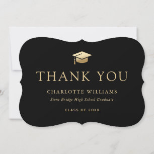 Black and Gold Graduation Cap Modern Thank You Card