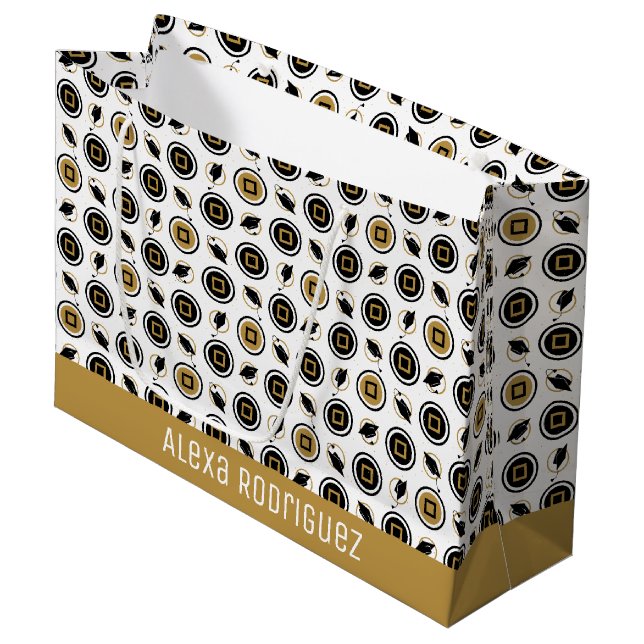 Black and Gold Graduation Cap Pattern Large Gift Bag (Front Angled)