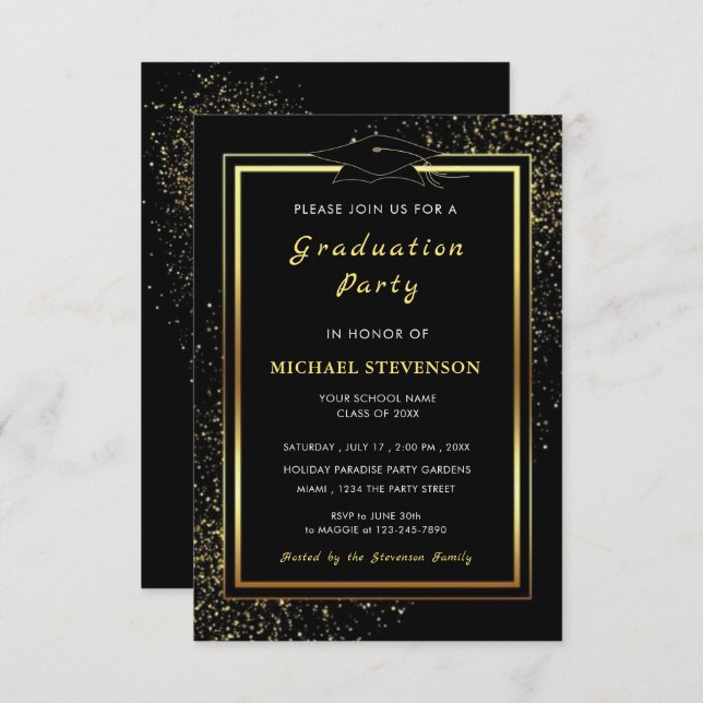 Black and Gold Graduation Invitation Example (Front/Back)