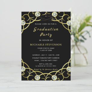 Black and Gold Graduation Invitation with Diamonds