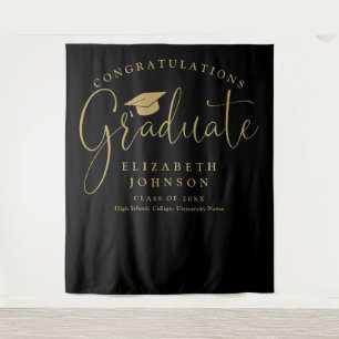 Black And Gold Graduation Party Photo Backdrop Tapestry