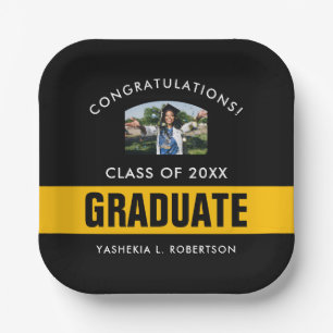 Black and Gold Graduation Personalised Photo Paper Plate