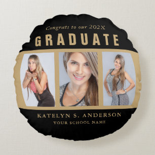 Black and Gold Graduation Photo Collage Custom Round Cushion